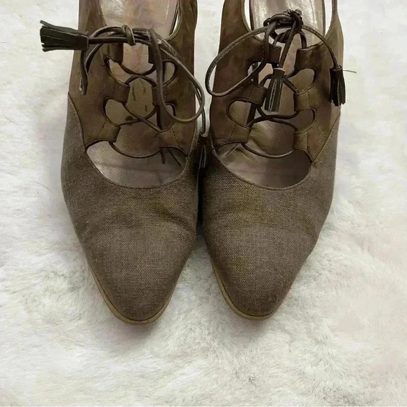 Vintage Salvatore Ferragamo Lace Up Suede Canvas Slingback Kitten Heels Beige - Picture 4 of 16